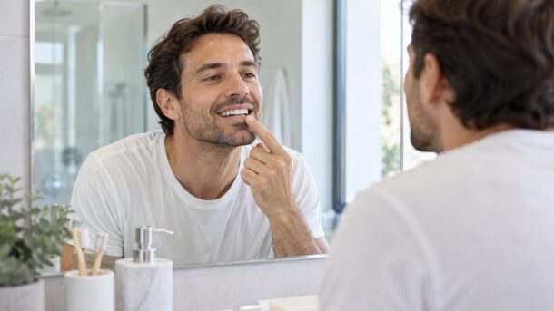 Persona observando la alineación de sus dientes frente al espejo